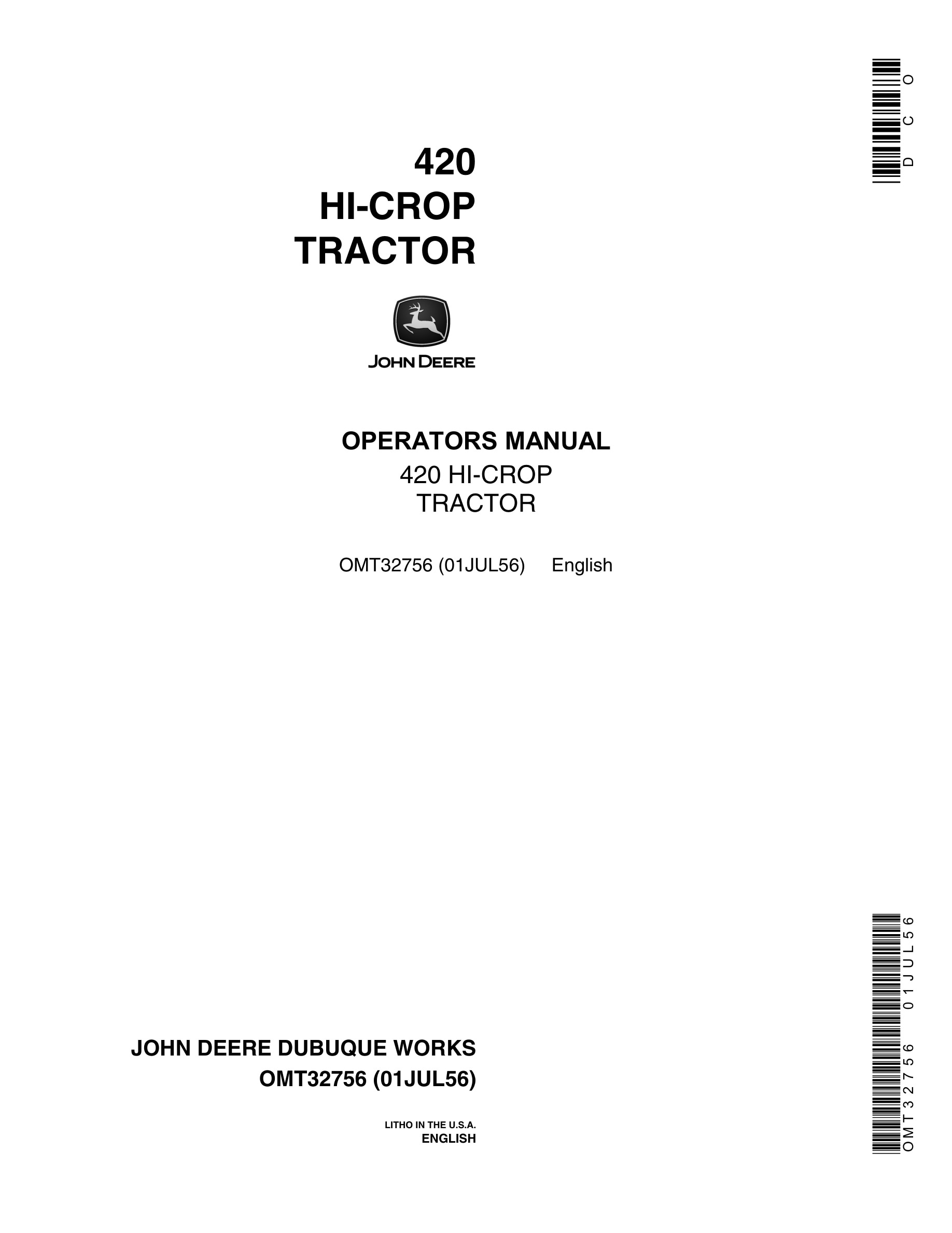 John Deere 420 Tractor Operator Manual OMT32756-1
