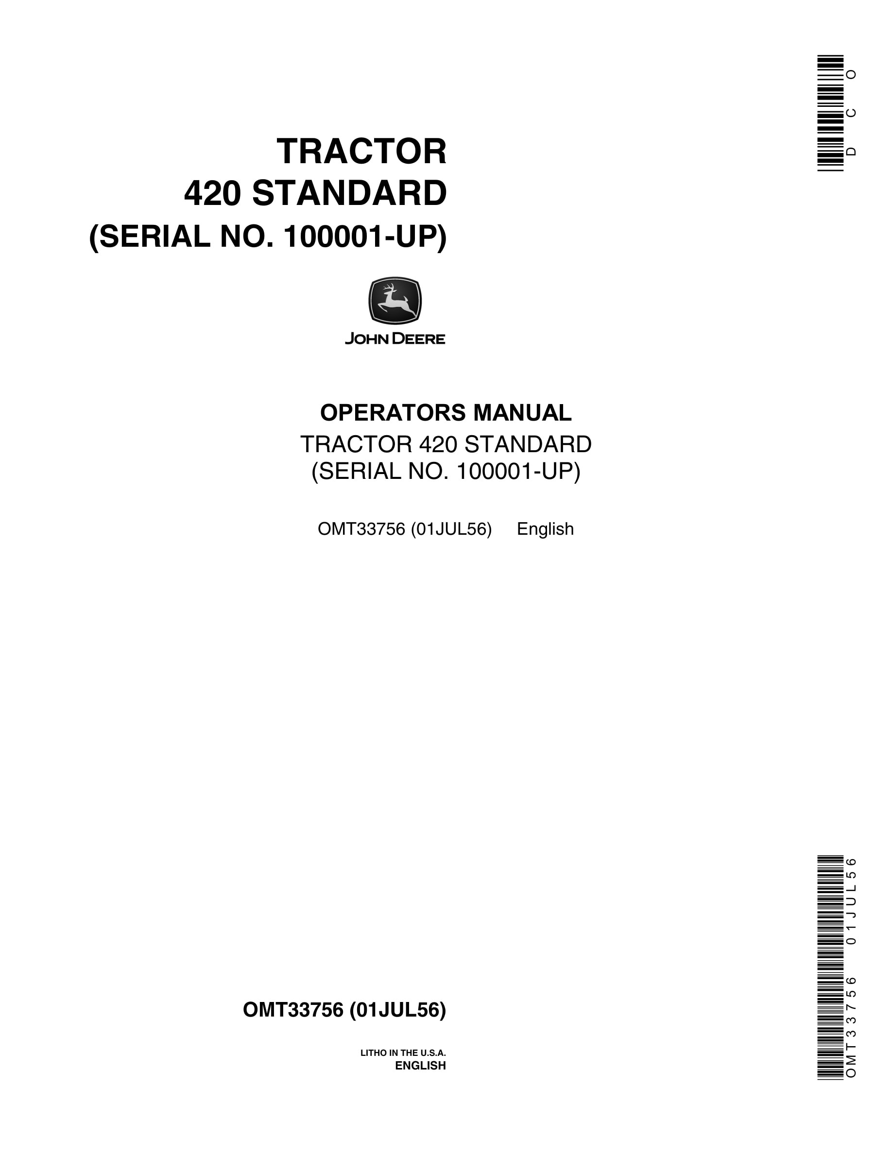 John Deere 420 Tractor Operator Manual OMT33756-1