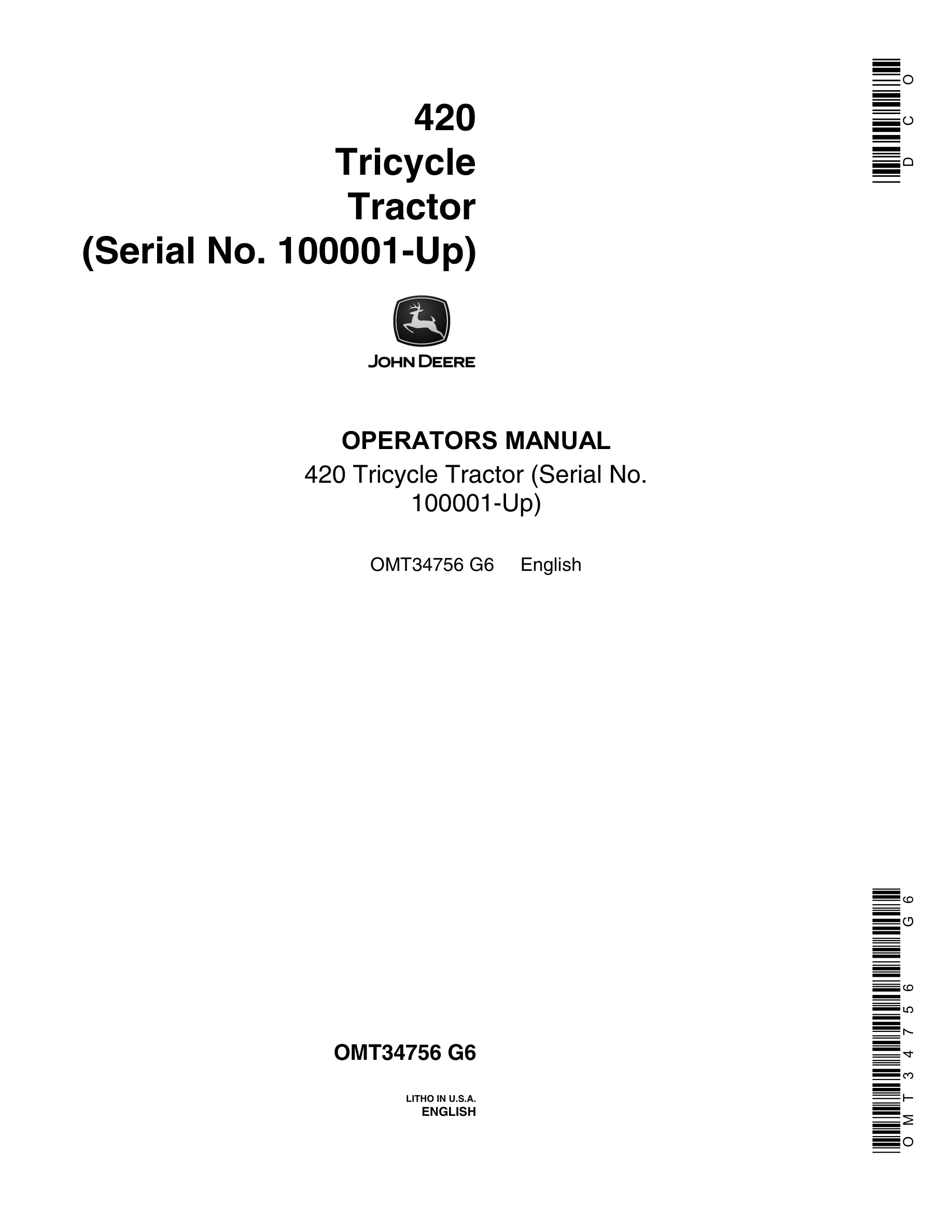 John Deere 420 Tractor Operator Manual OMT34756-1