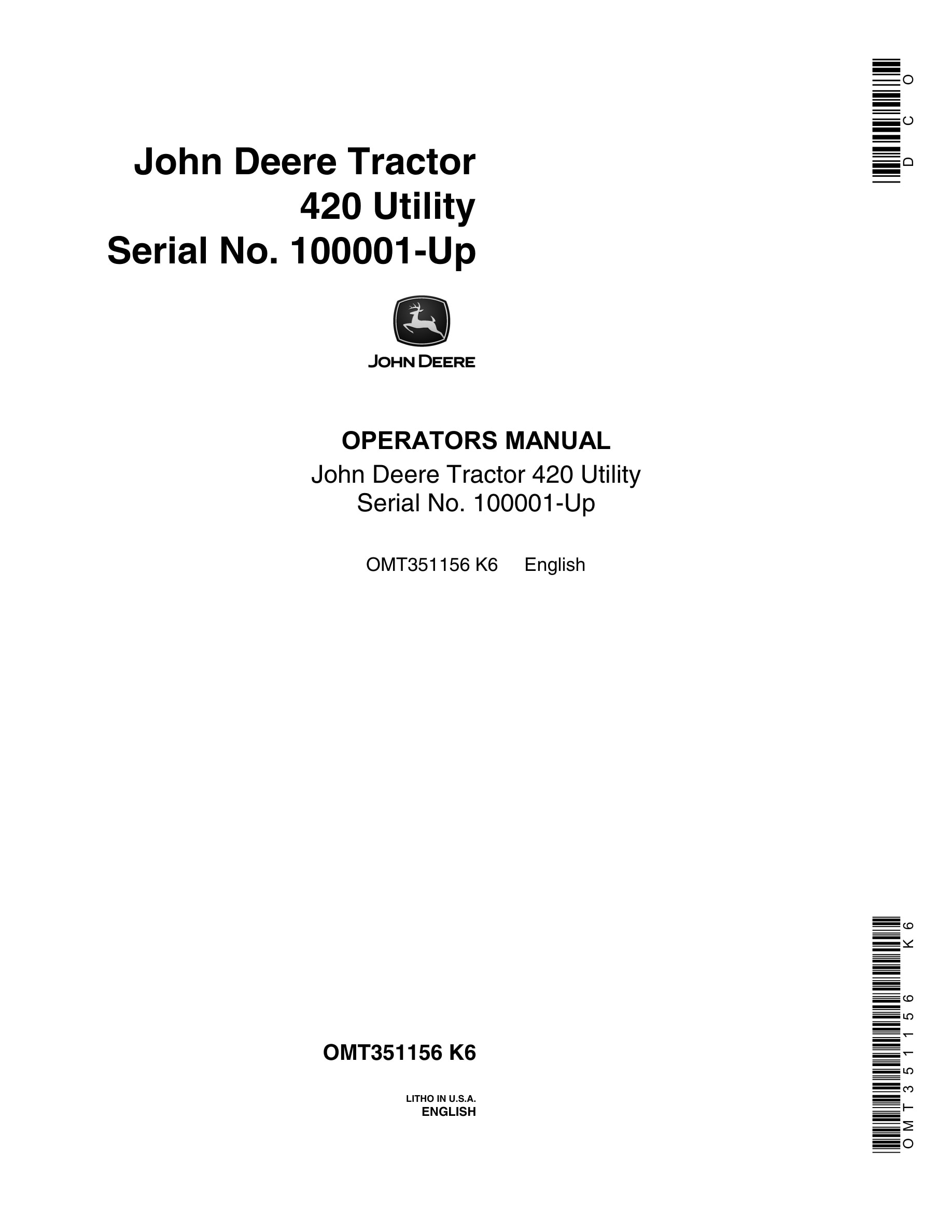 John Deere 420 Tractor Operator Manual OMT351156-1