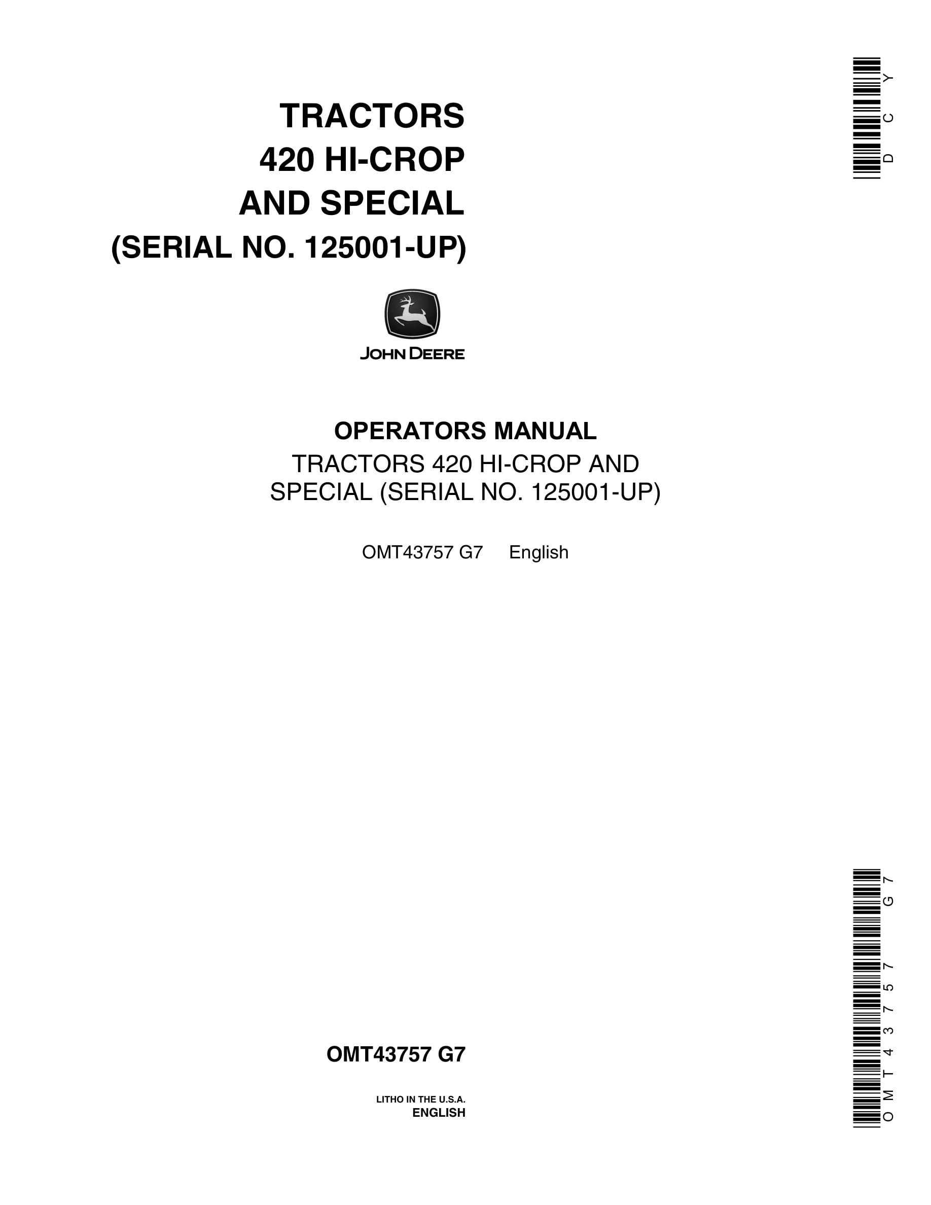 John Deere 420 Tractor Operator Manual OMT43757-1