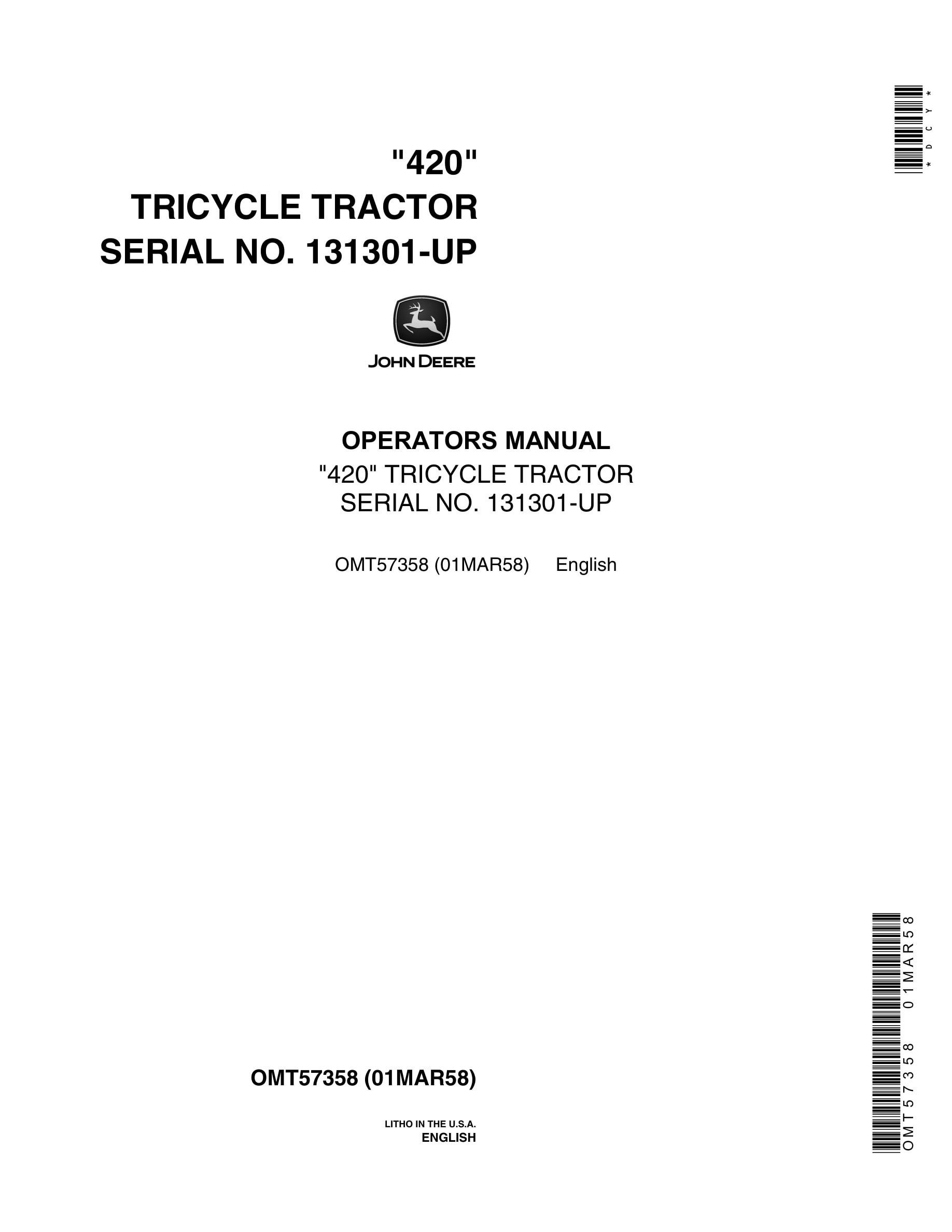 John Deere 420 Tricycle Tractor Operator Manual OMT5735-1