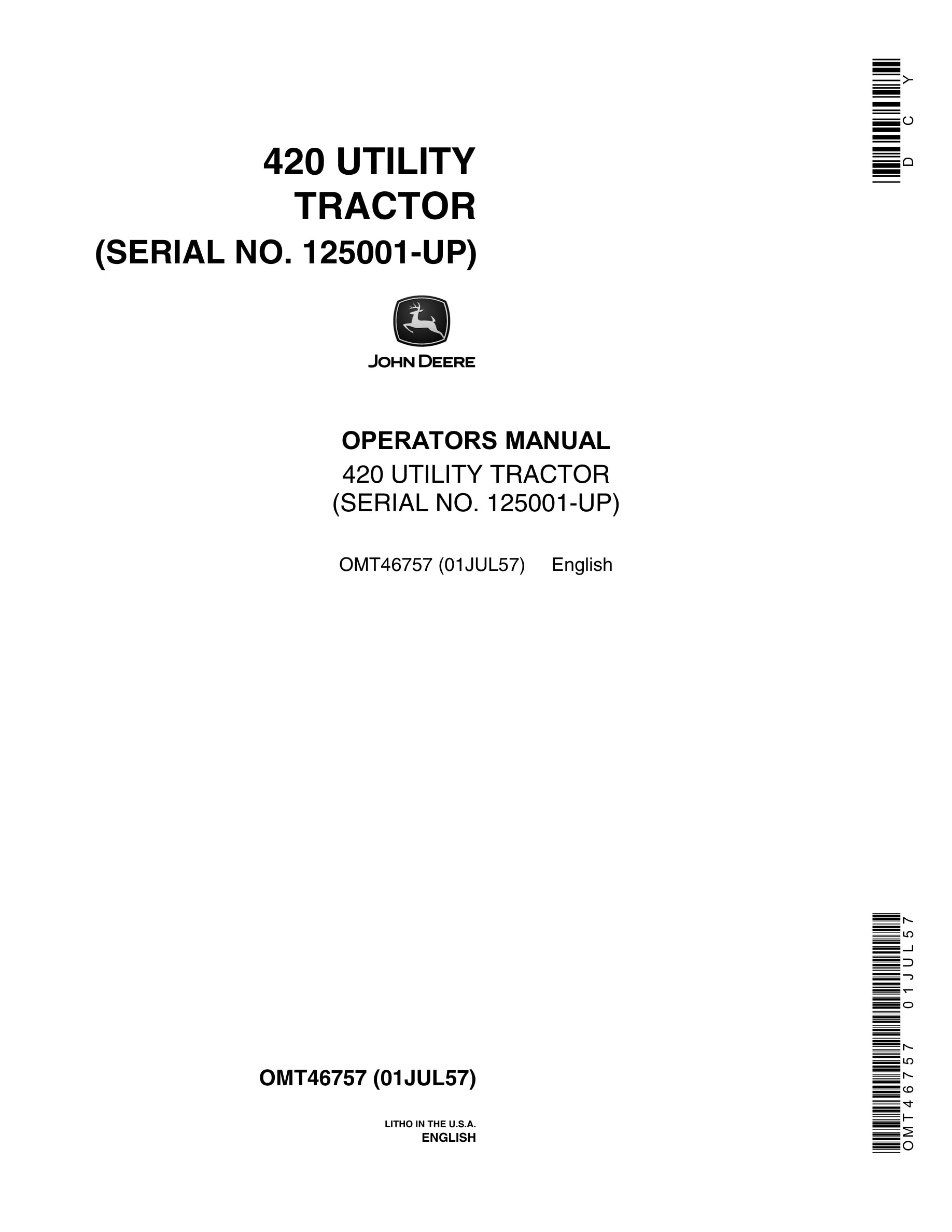 John Deere 420 Utility Tractor Operator Manual OMT4675-1