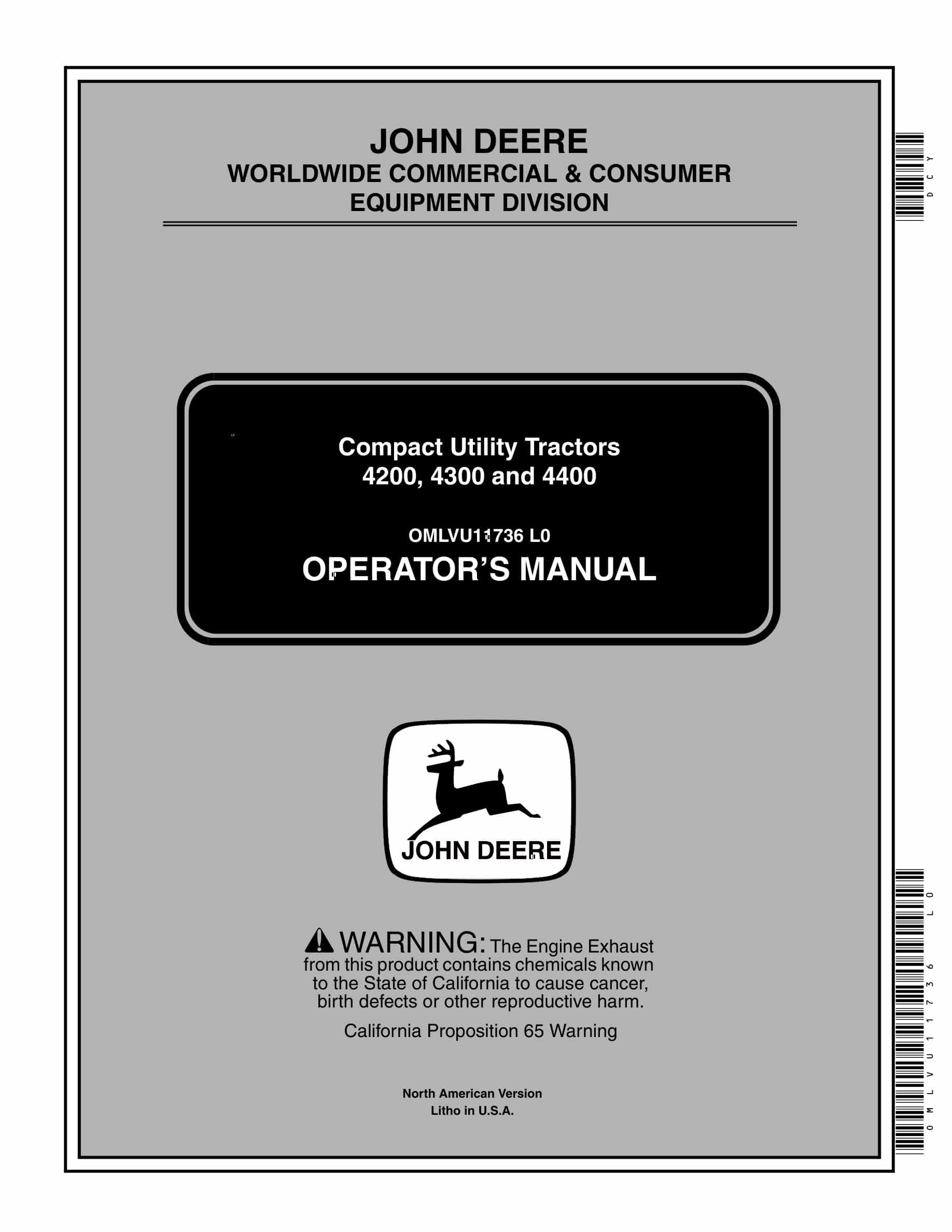 John Deere 4200, 4300 And 4400 Compact Utility Tractors Operator Manuals OMLVU11736-1