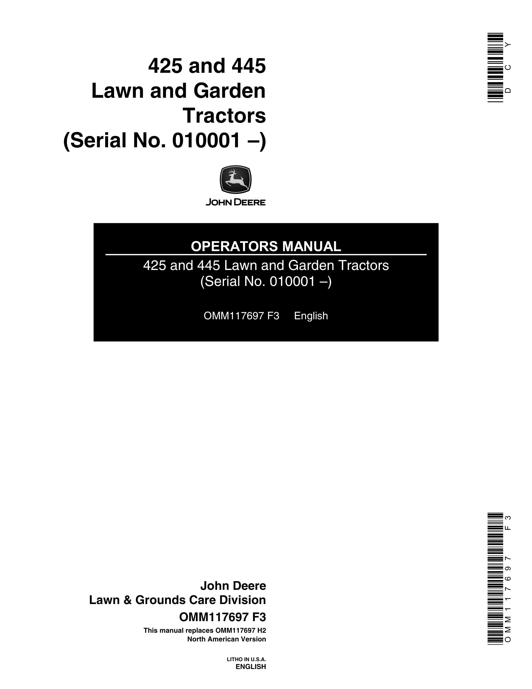 John Deere 425 and 445 Tractor Operator Manual OMM117697-1
