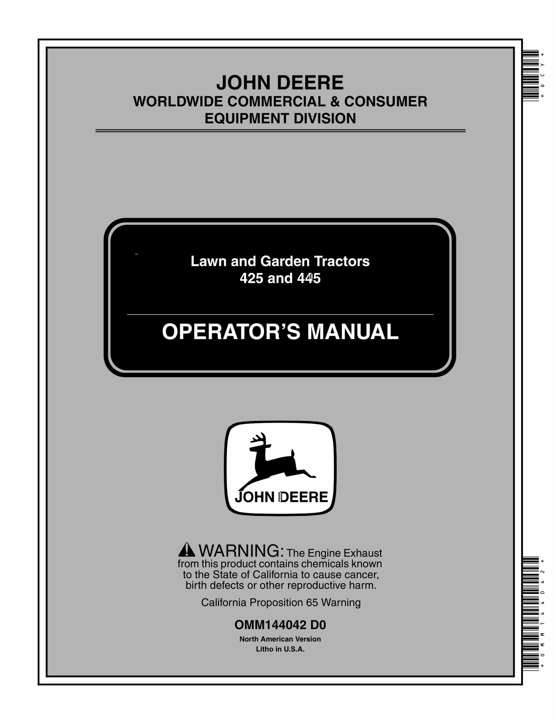 John Deere 425 and 445 Tractor Operator Manual OMM144042-1