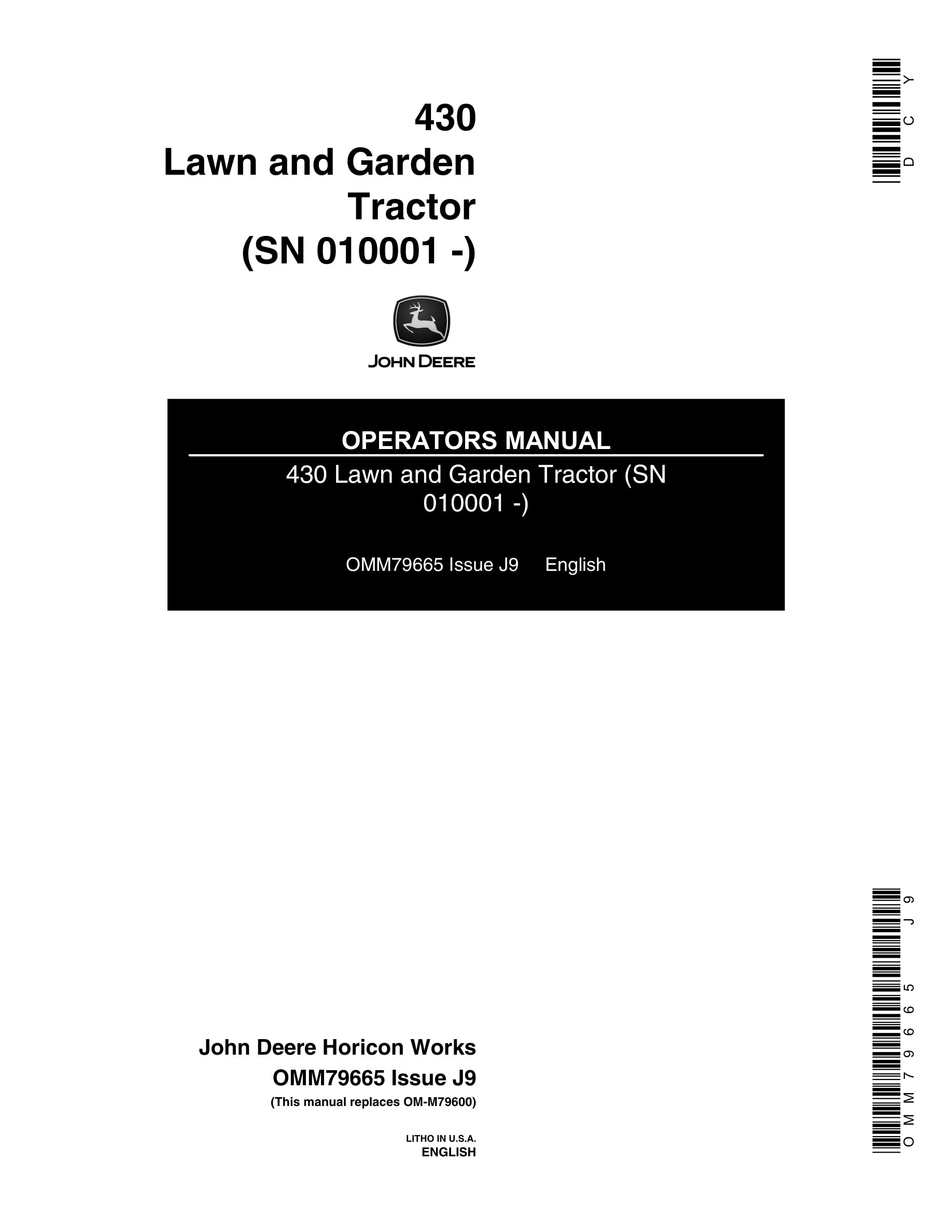John Deere 430 Tractor Operator Manual OMM79665-1