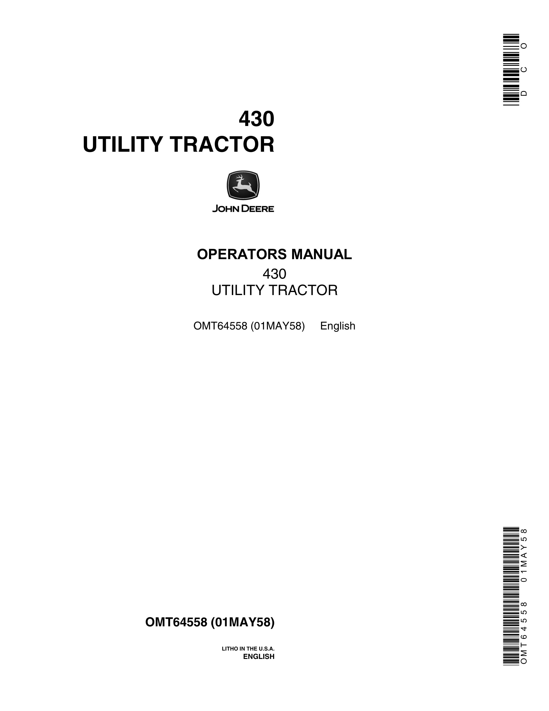 John Deere 430 Tractor Operator Manual OMT64558-1