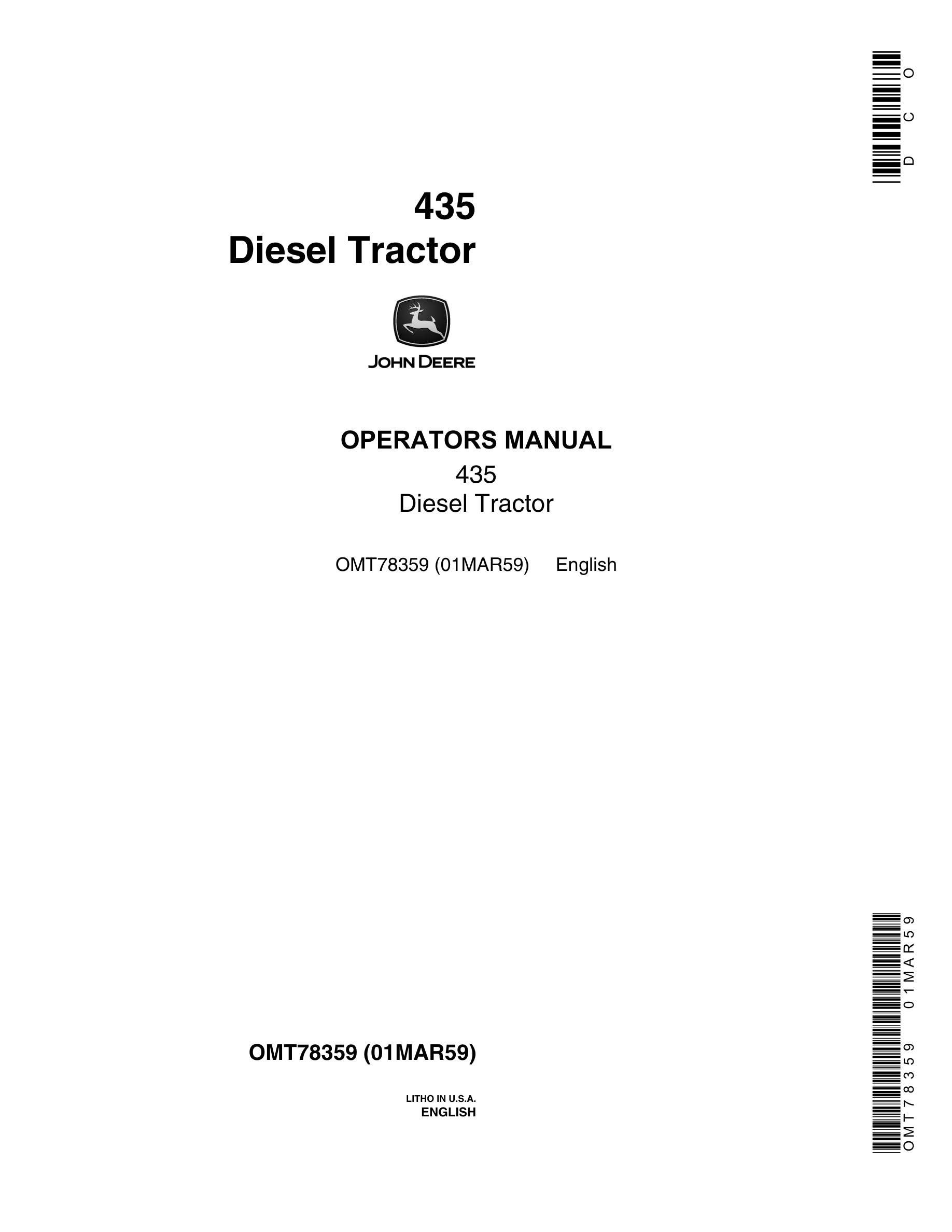 John Deere 435 Tractor Operator Manual OMT78359-1