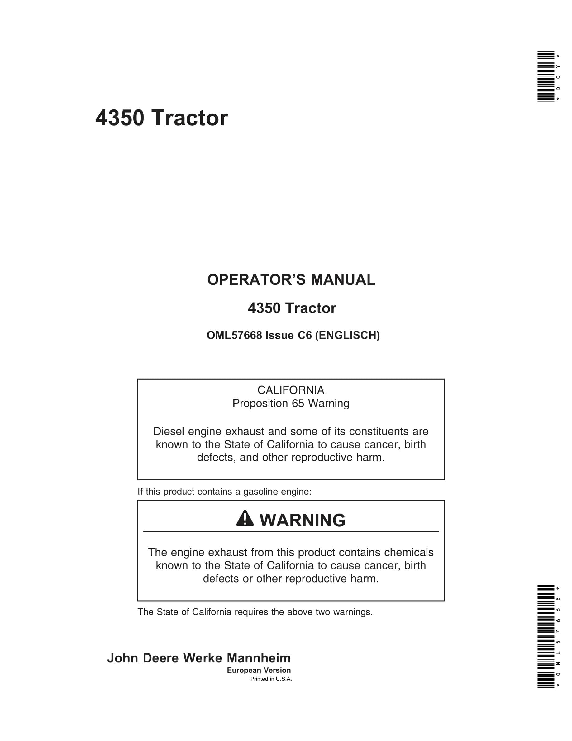John Deere 4350 Tractors Operator Manual OML57668-1