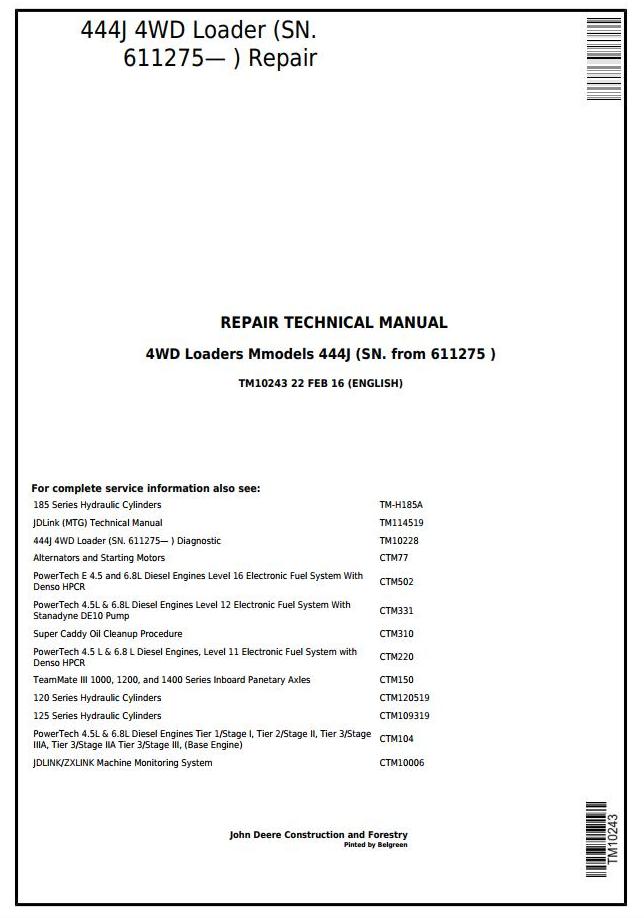 John Deere 444J 4WD Loader Repair Technical Manual TM10243