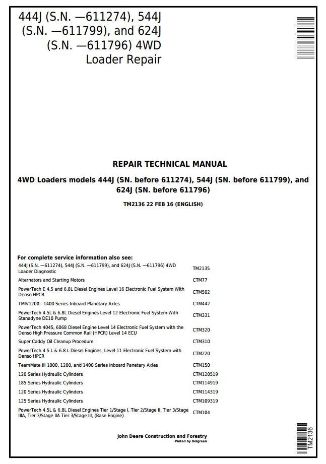 John Deere 444J 544J 624J 4WD Loader Repair Technical Manual TM2136