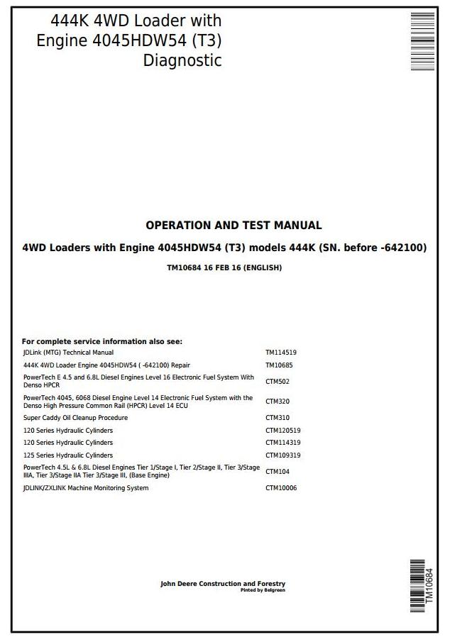 John Deere 444K 4WD Loader Diagnostic Operation Test Manual TM10684