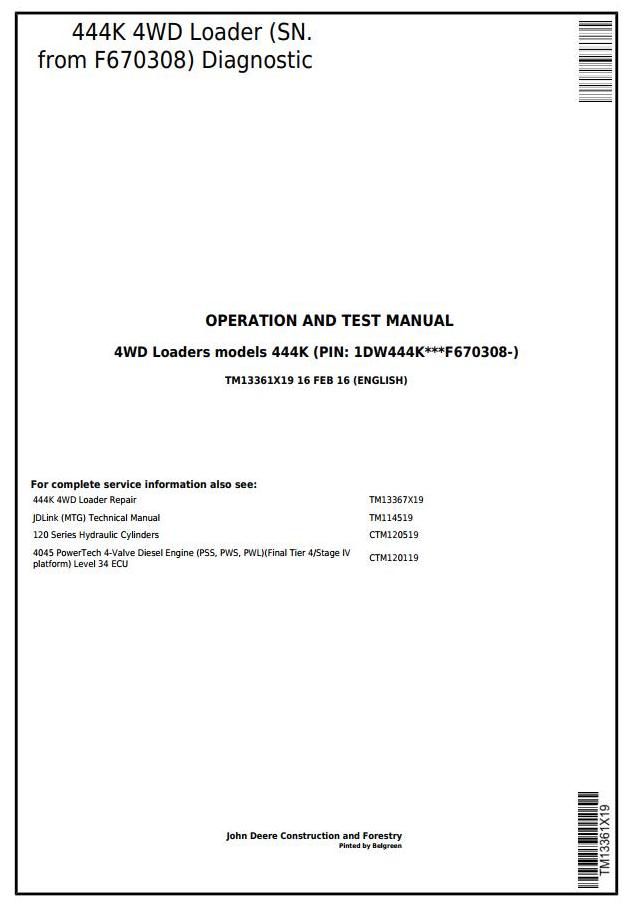 John Deere 444K 4WD Loader Diagnostic Operation Test Manual TM13361X19