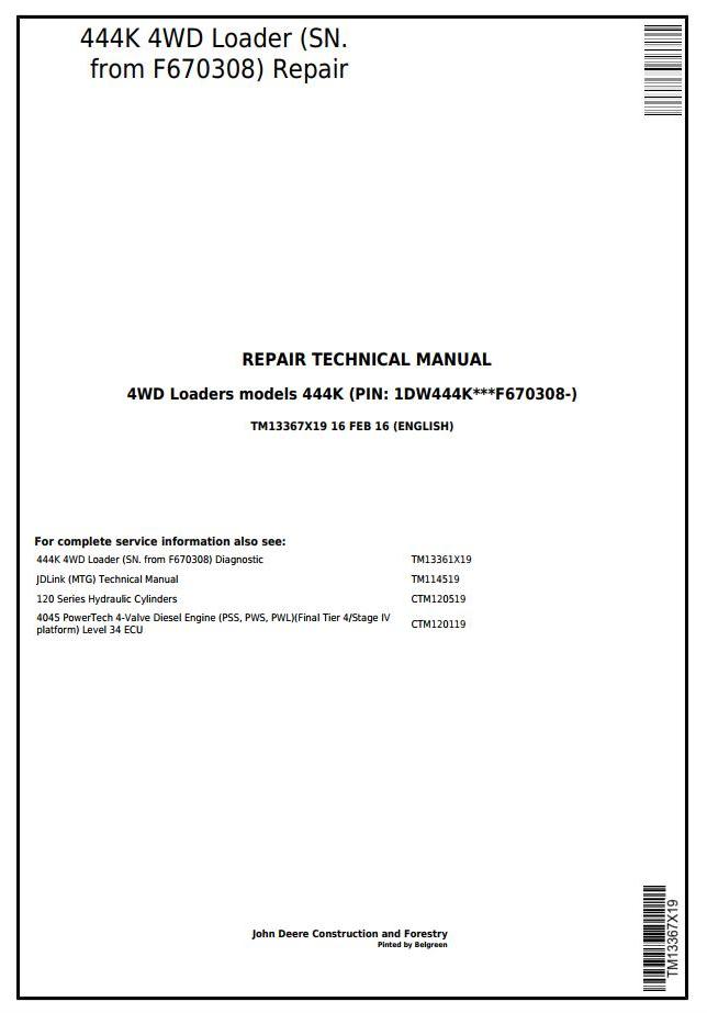 John Deere 444K 4WD Loader Repair Technical Manual TM13367X19