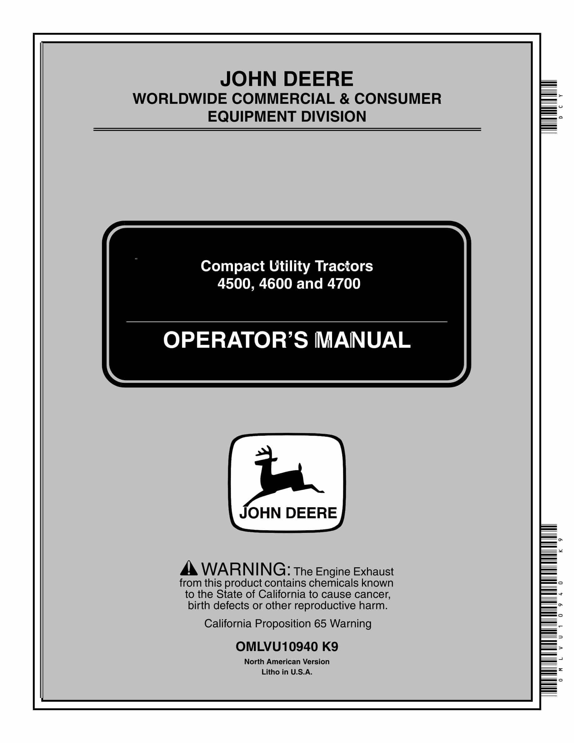 John Deere 4500, 4600 and 4700 Tractor Operator Manual OMLVU10940-1