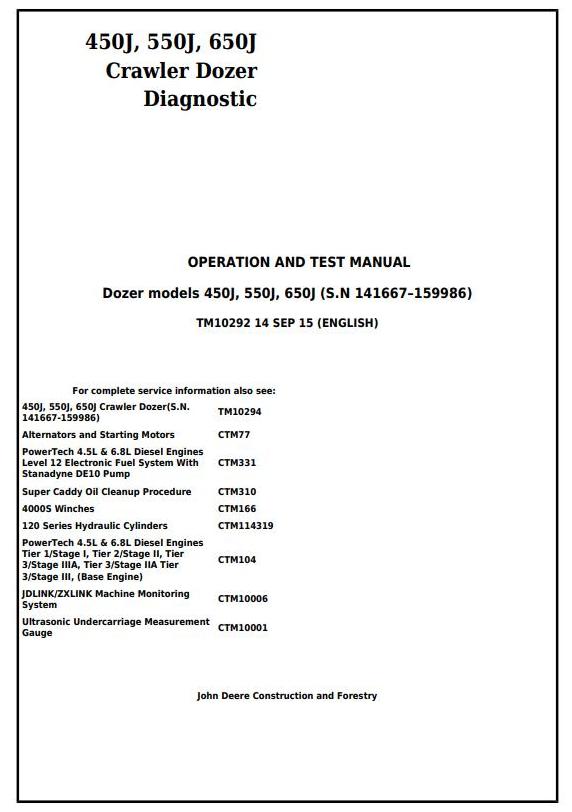 John Deere 450J 550J 650J Crawler Dozer Diagnostic Operation Test Manual TM10292