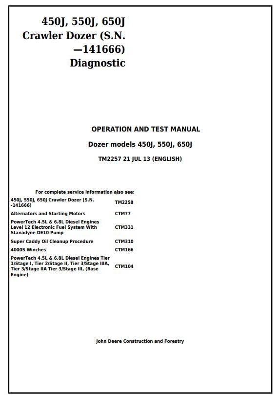 John Deere 450J 550J 650J Crawler Dozer Diagnostic Operation Test Manual TM2257