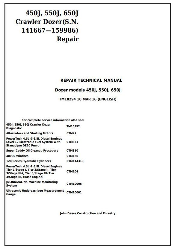 John Deere 450J 550J 650J Crawler Dozer Repair Technical Manual TM10294