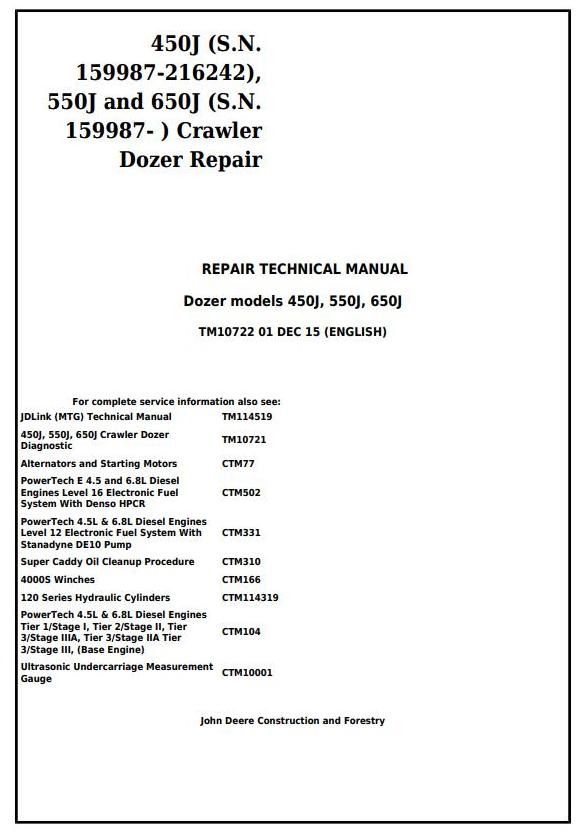 John Deere 450J 550J 650J Crawler Dozer Repair Technical Manual TM10722