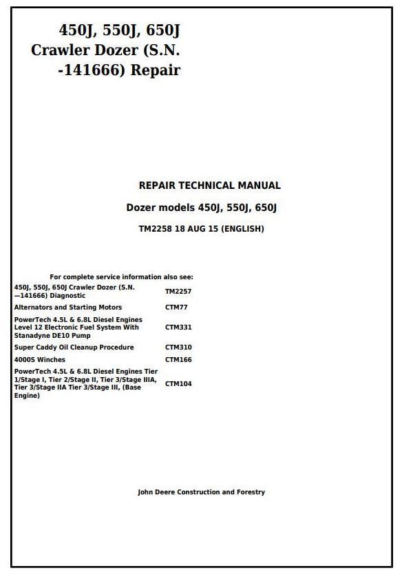 John Deere 450J 550J 650J Crawler Dozer Repair Technical Manual TM2258