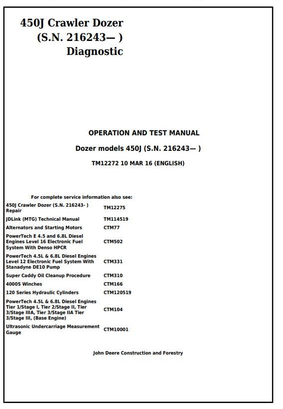 John Deere 450J Crawler Dozer Diagnostic Operation Test Manual TM12272