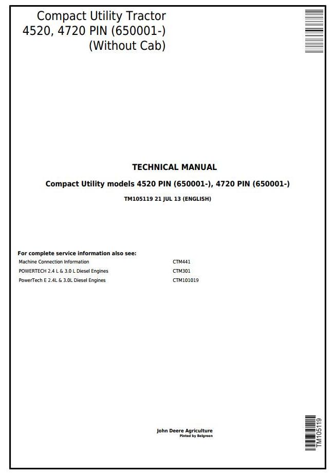 John Deere 4520 4720 Compact Utility Tractor Technical Manual TM105119