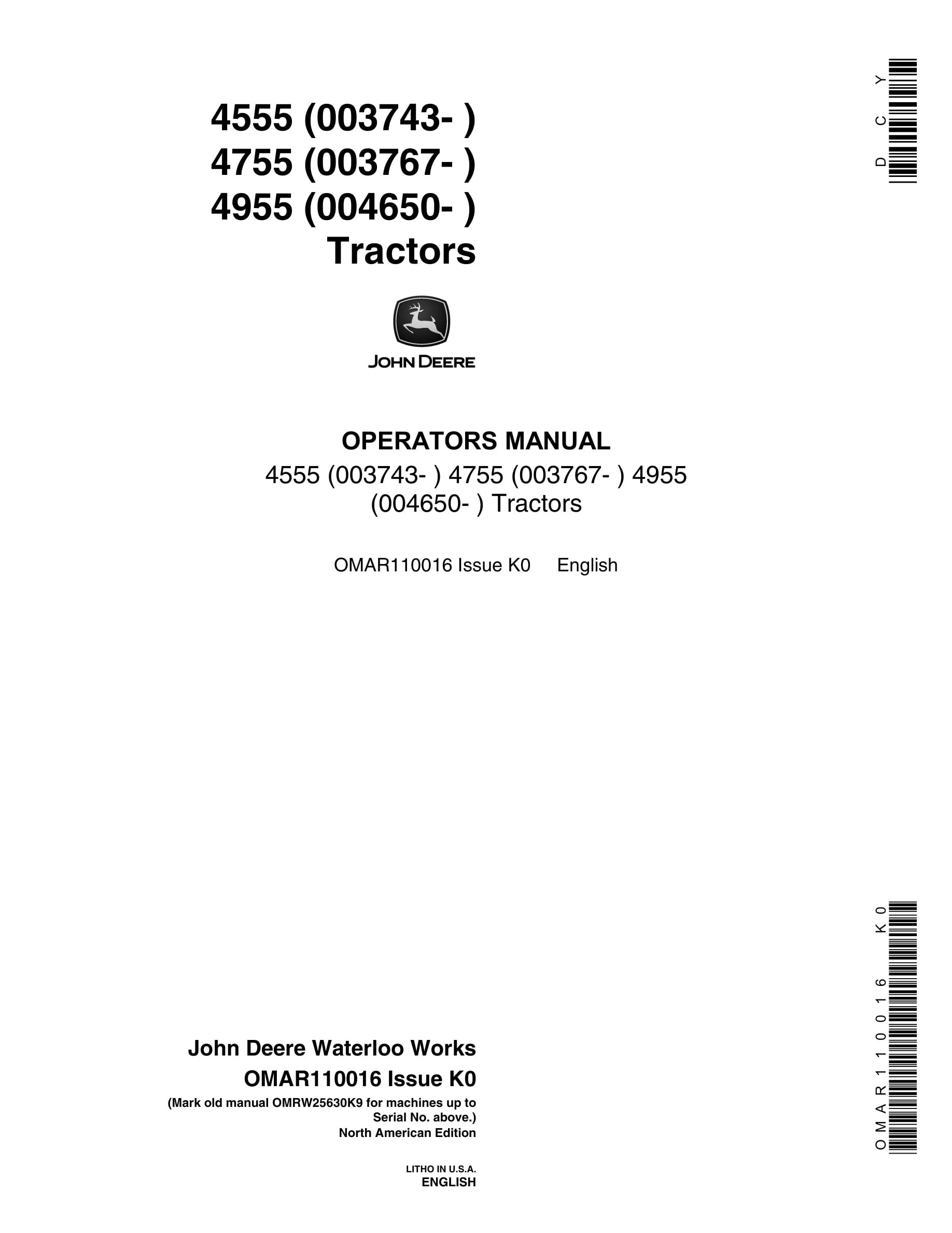 John Deere 4555 4755 4955 Tractor Operator Manual OMAR110016-1