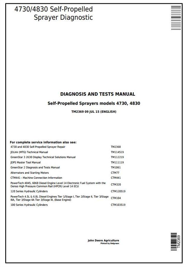 John Deere 4730 4830 Self-Propelled Sprayer Diagnosis Test Manual TM2369
