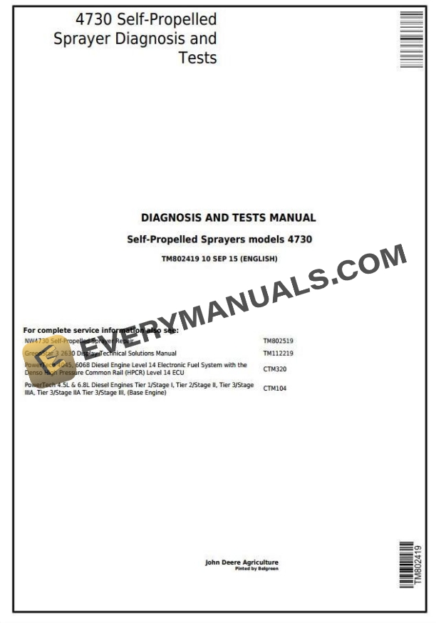 John Deere 4730 SelfPropelled Sprayer Diagnostic Test Manual TM802419