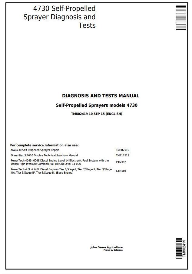 John Deere 4730 Self-Propelled Sprayer Diagnostic Test Manual TM802419