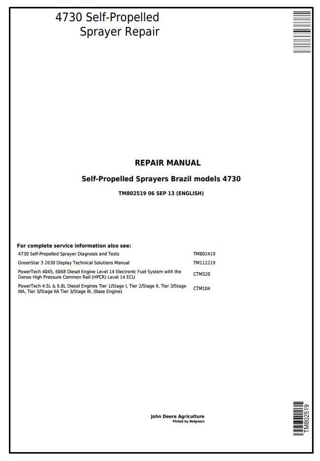 John Deere 4730 Self-Propelled Sprayer Repair Technical Manual TM802519