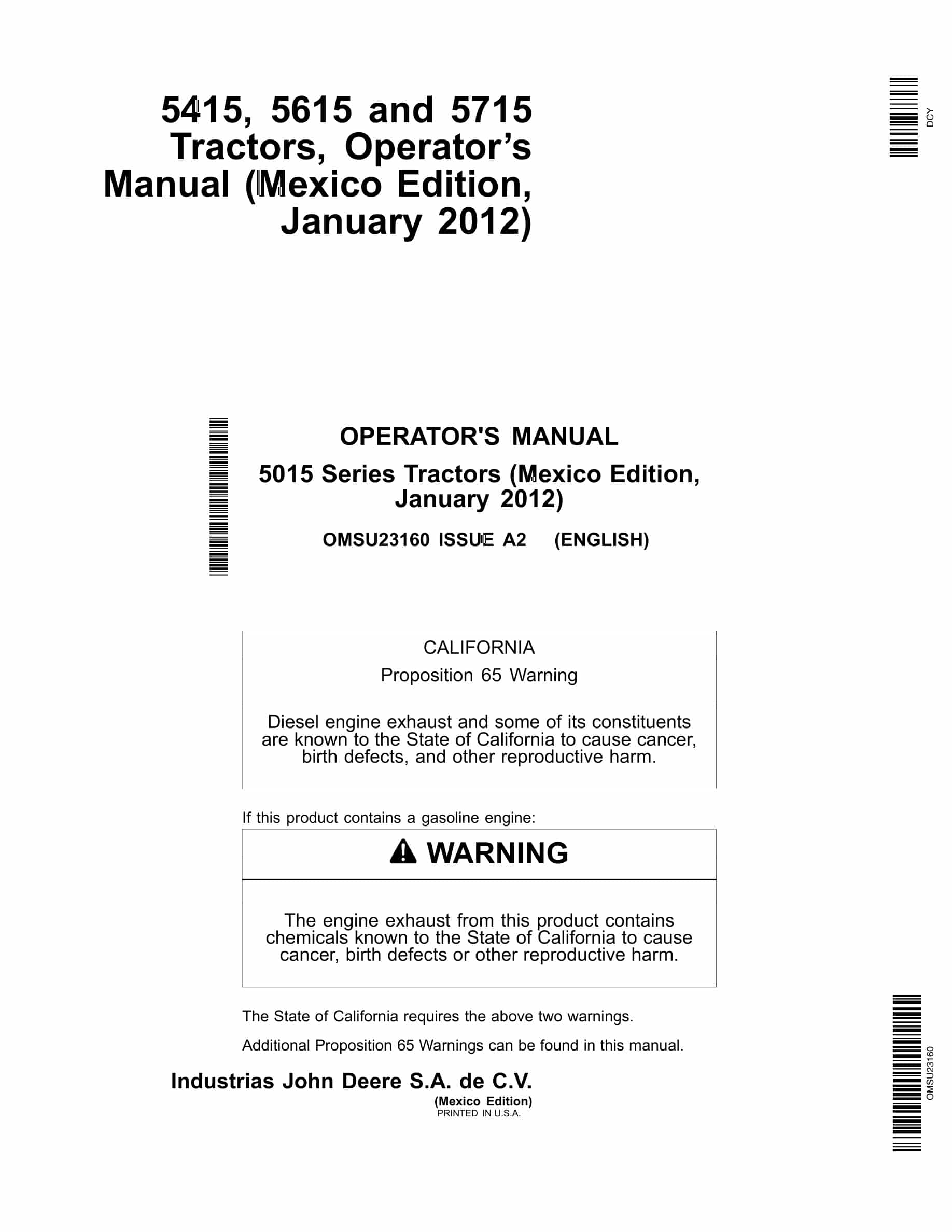 John Deere 5015 Series Tractors Operator Manuals OMSU23160-1