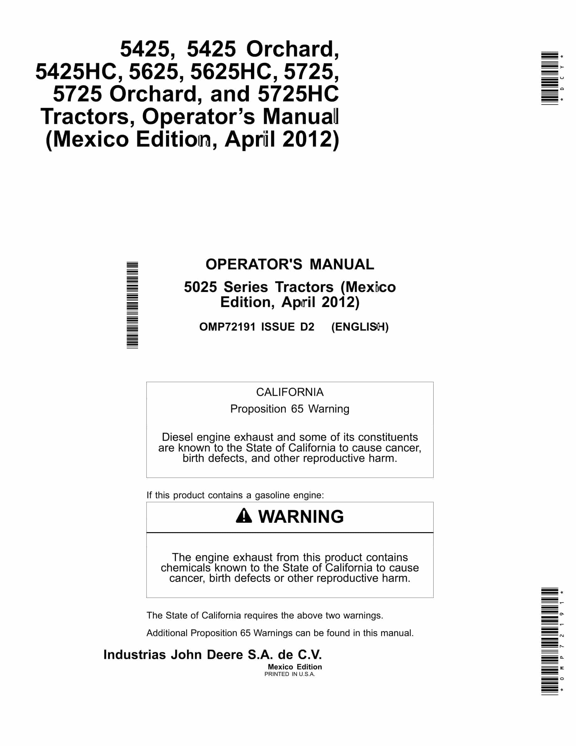 John Deere 5025 Series Tractors Operator Manuals OMP72191-1