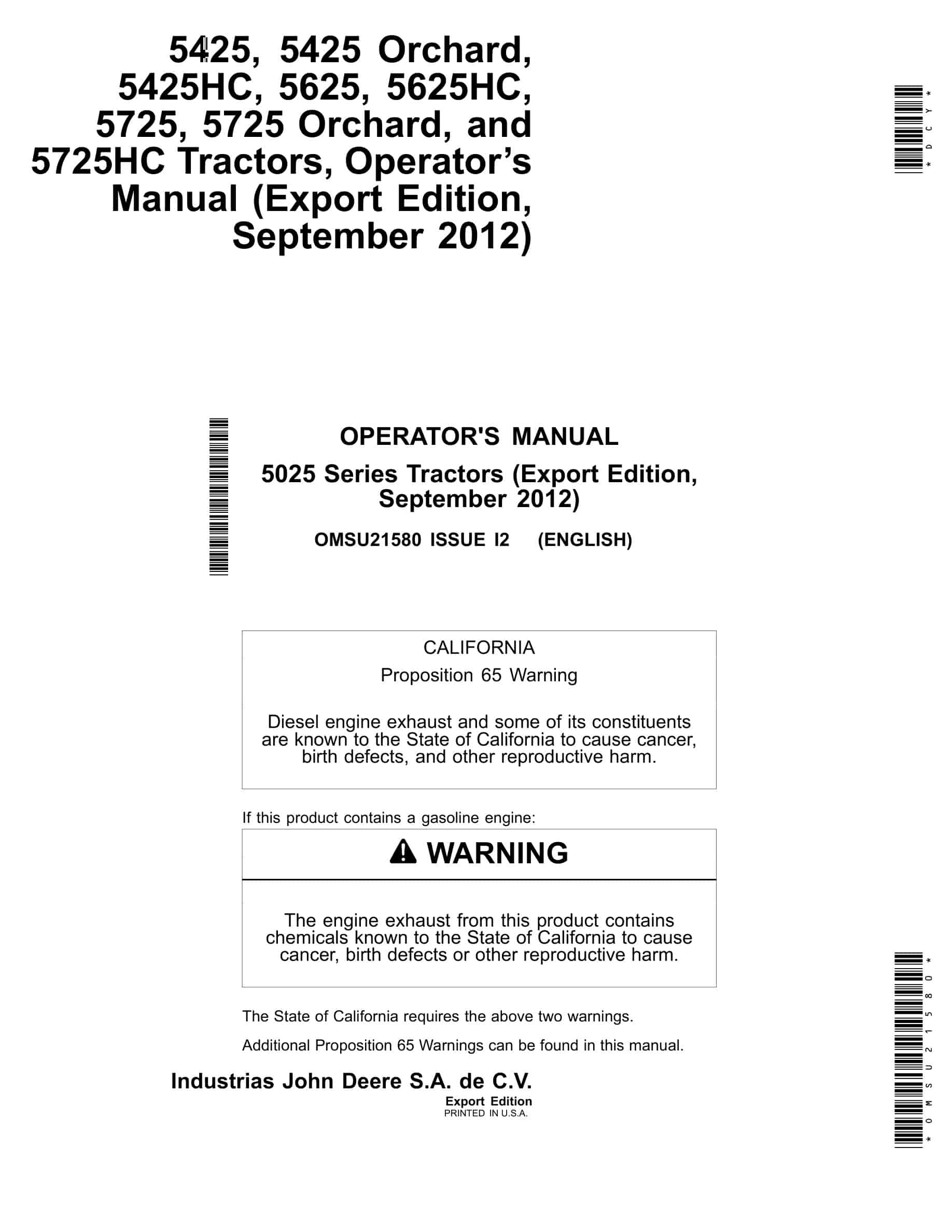 John Deere 5025 Series Tractors Operator Manuals OMSU21580-1
