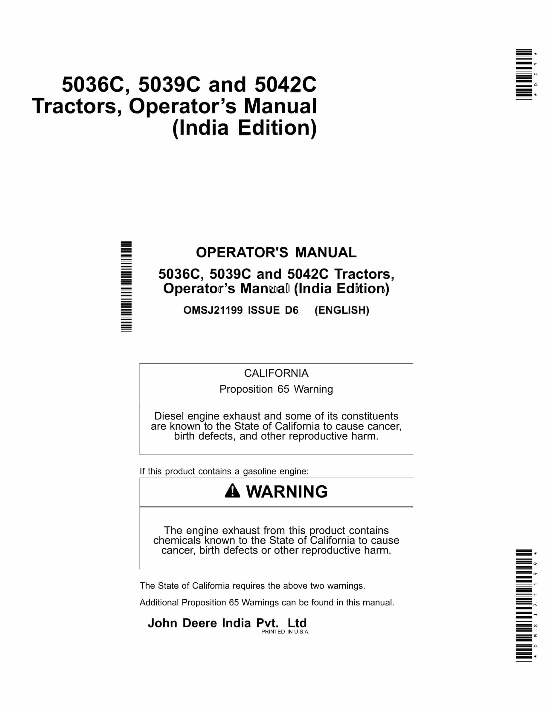 John Deere 5036c, 5039c And 5042c Tractors Operator Manuals OMSJ21199-1