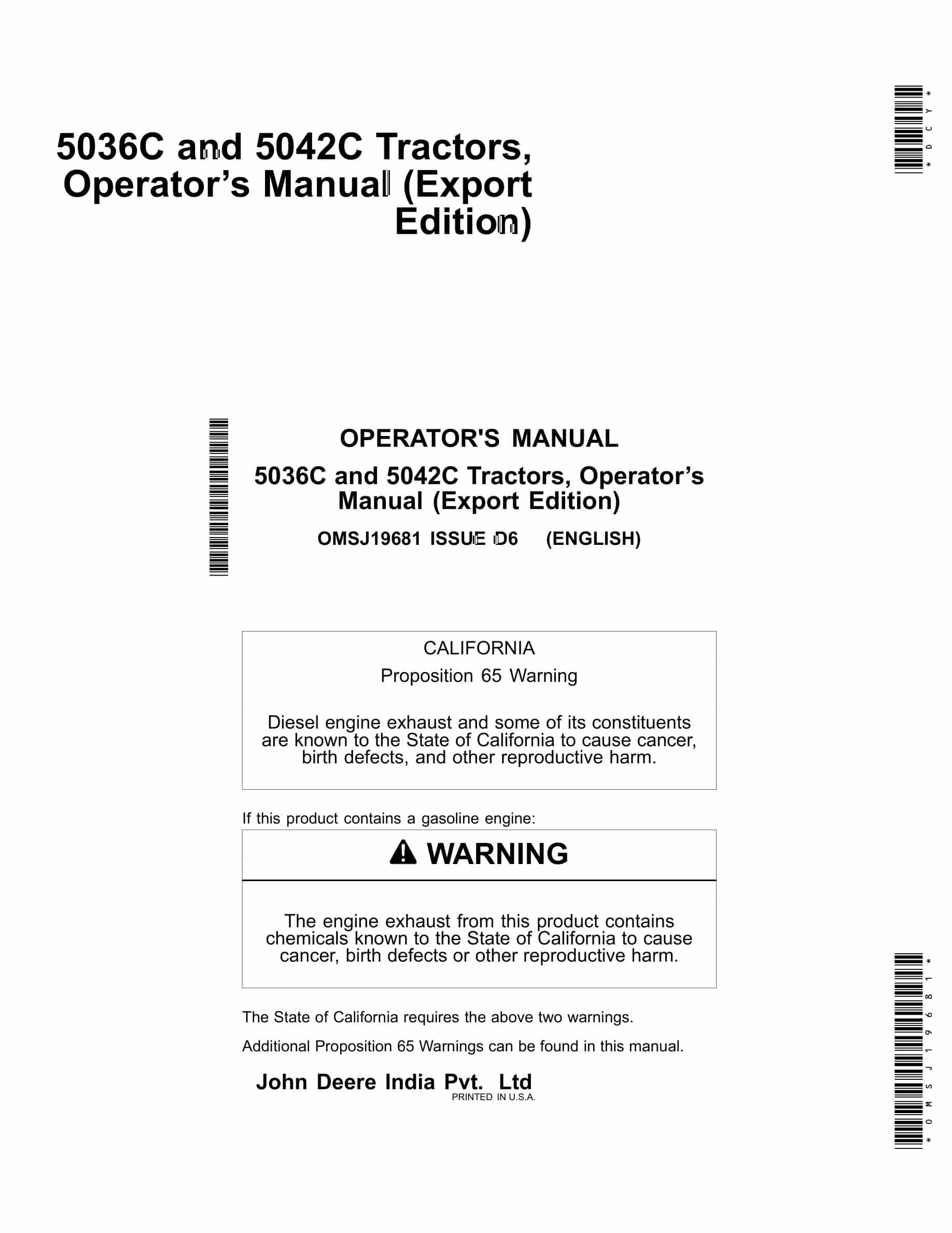 John Deere 5036c And 5042c Tractors Operator Manuals OMSJ19681-1