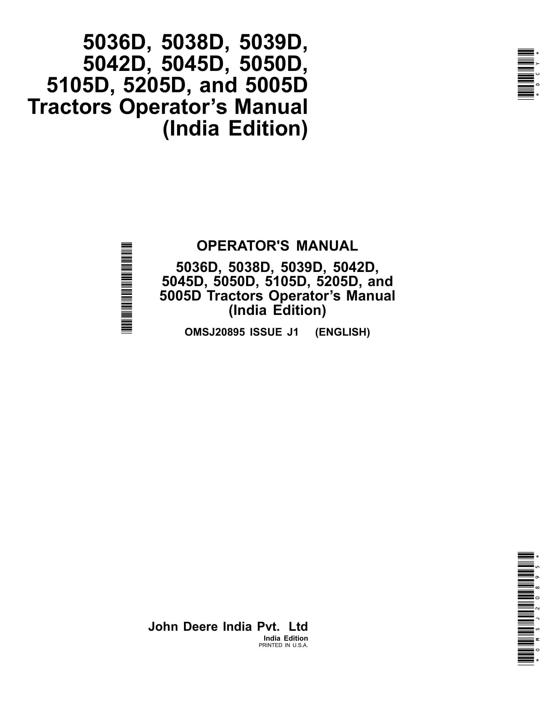 John Deere 5036d, 5038d, 5039d, 5042d, 5045d, 5050d, 5105d, 5205d, And 5005d Tractors Operator Manuals OMSJ20895-1