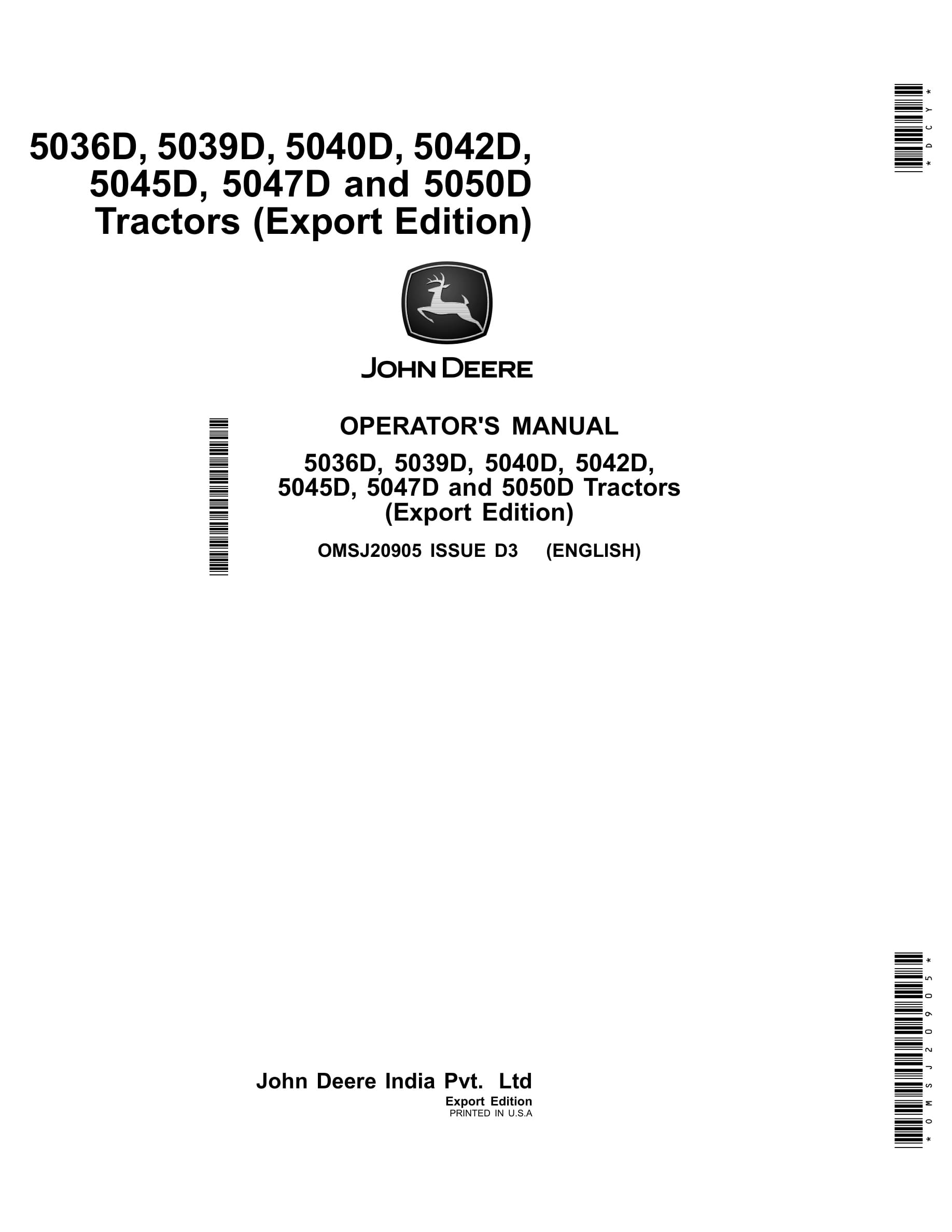 John Deere 5036d, 5039d, 5040d, 5042d, 5045d, 5047d And 5050d Tractors Operator Manuals OMSJ20905-1