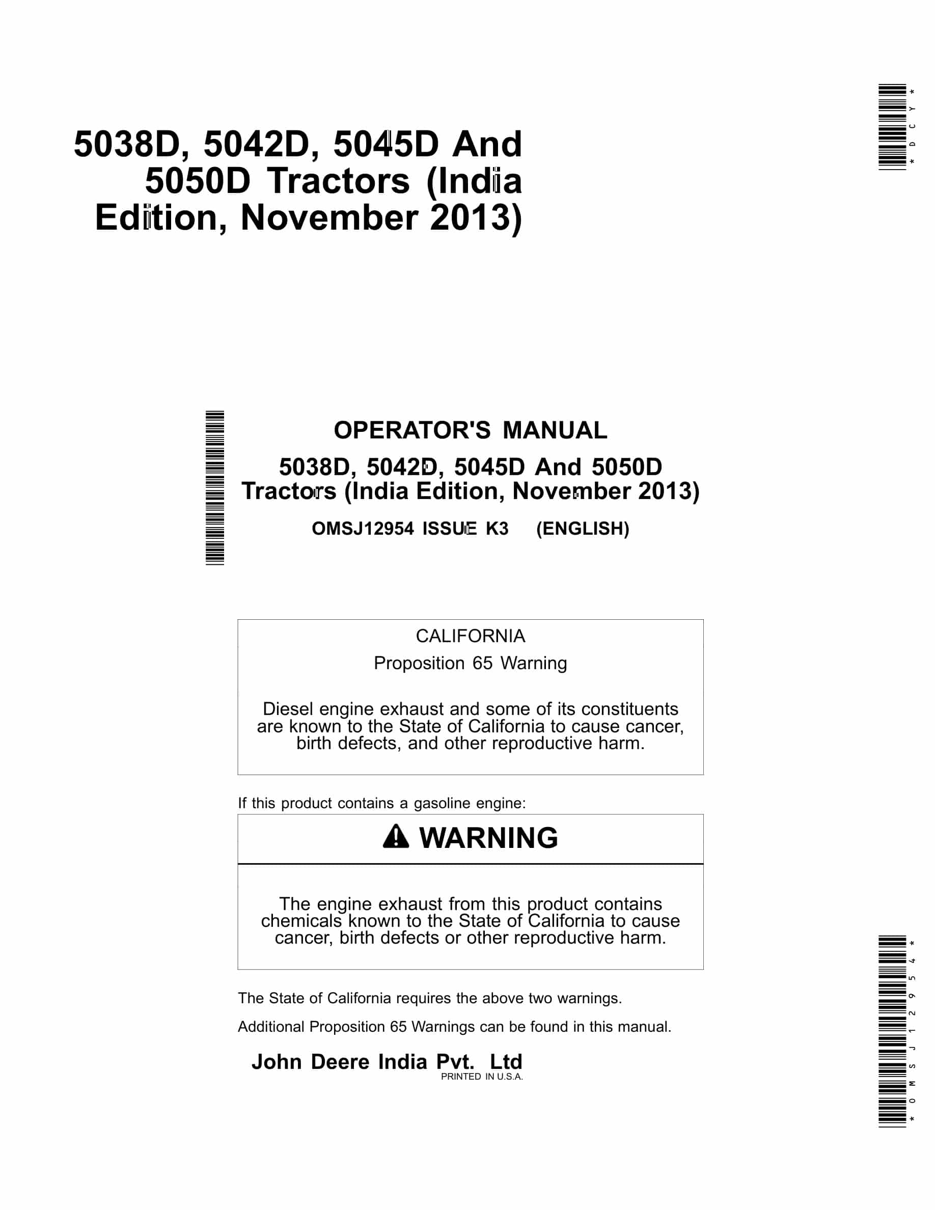 John Deere 5038d, 5042d, 5045d And 5050d Tractors Operator Manuals OMSJ12954-1