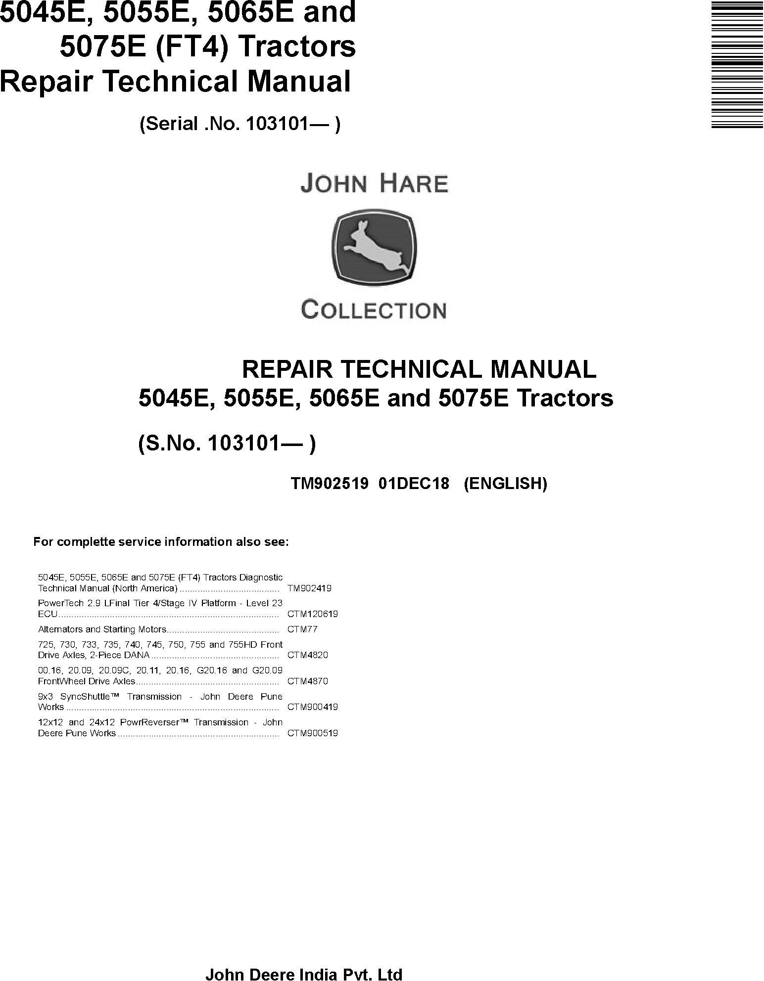 John Deere 5045E 5055E 5065E 5075E Tractor Repair Technical Manual TM902519