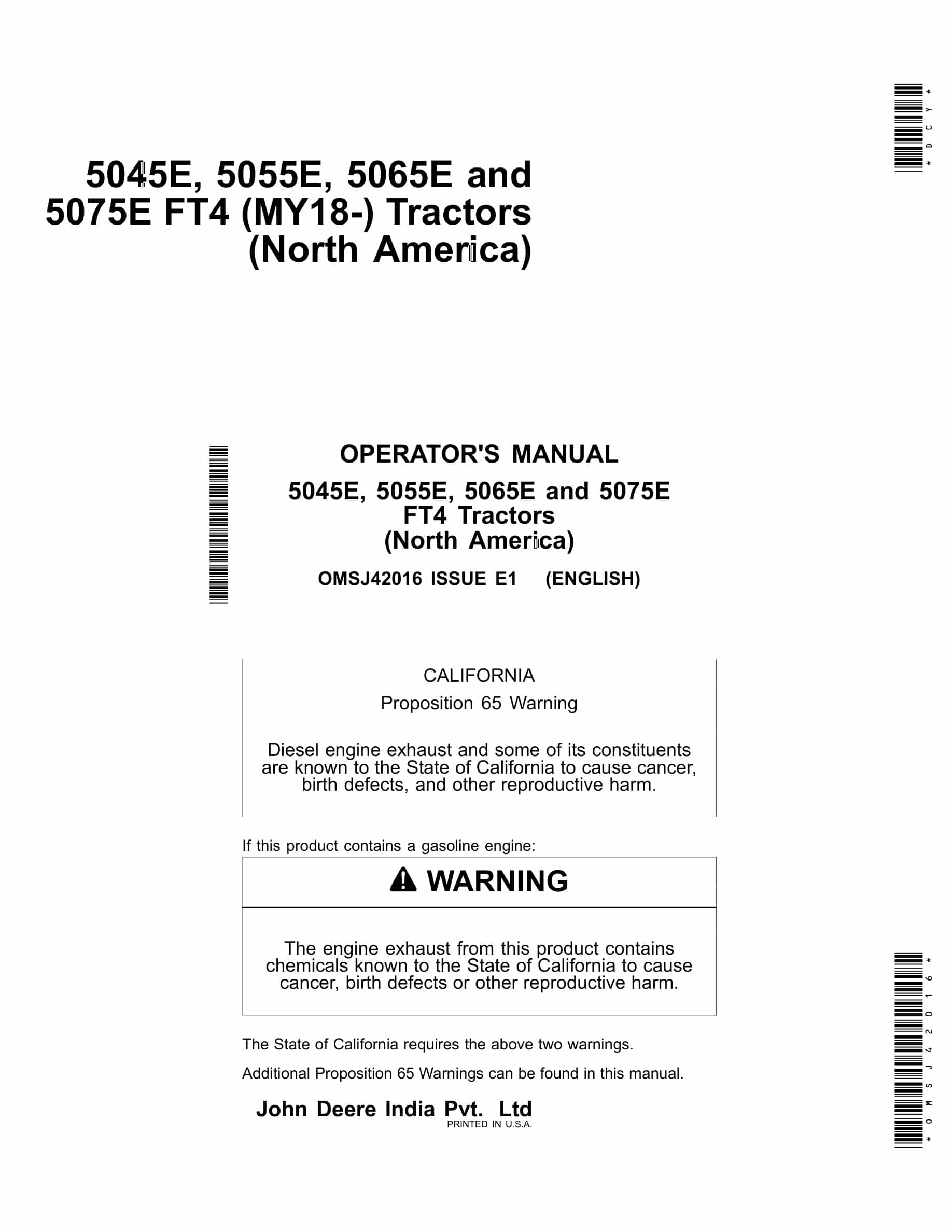 John Deere 5045E, 5055E, 5065E and 5075E FT4 Tractor Operator Manual OMSJ42016-1