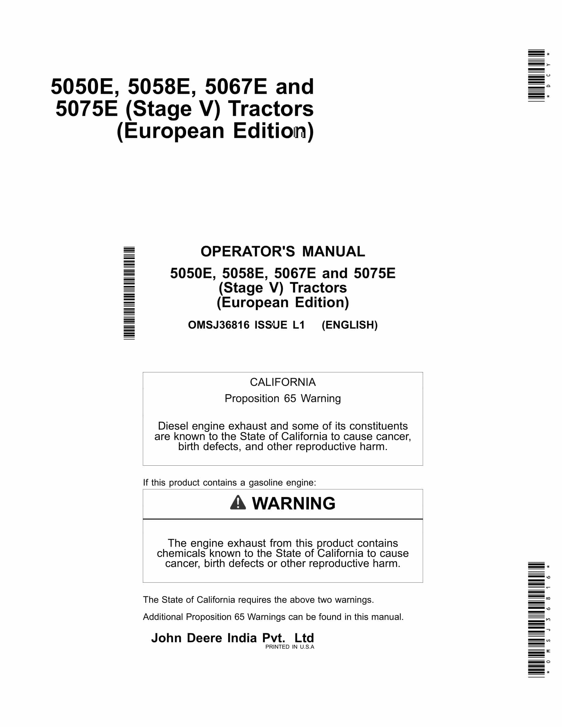 John Deere 5050e, 5058e, 5067e And 5075e (stage V) Tractors Operator Manuals OMSJ36816-1