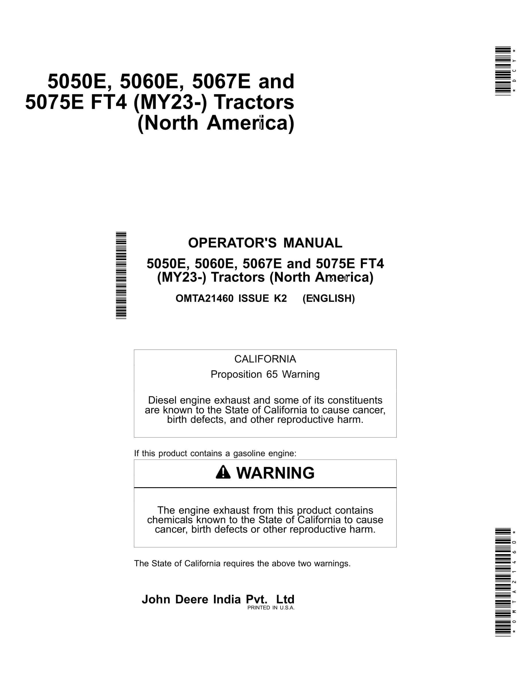 John Deere 5050e, 5060e, 5067e And 5075e Ft4 Tractors Operator Manuals OMTA21460-1