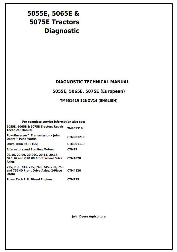 John Deere 5055E 5065E 5075E Tractor Diagnosis Technical Manual TM901419