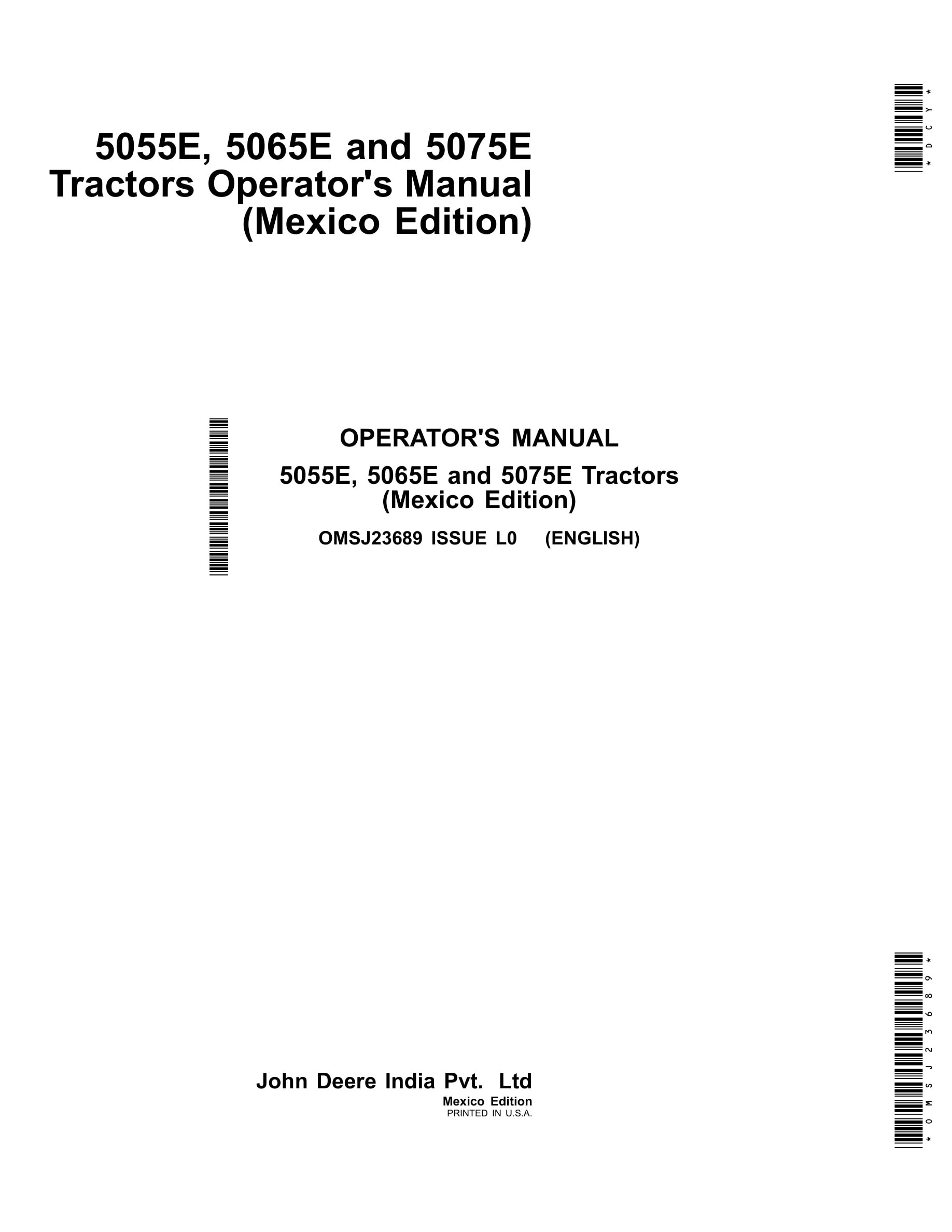 John Deere 5055E, 5065E and 5075E T Tractor Operator Manual OMSJ23689-1