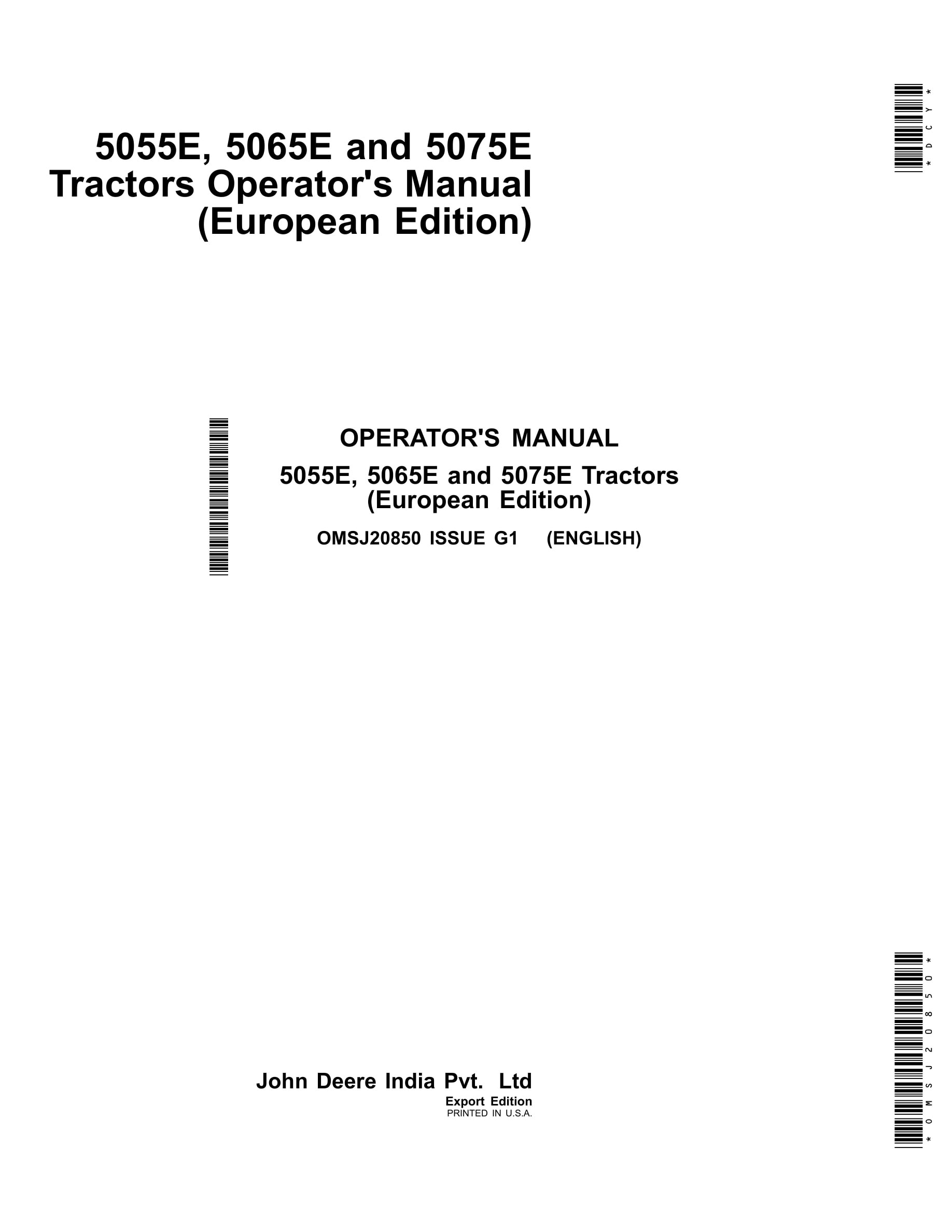John Deere 5055e, 5065e And 5075e Tractors Operator Manuals OMSJ20850-1