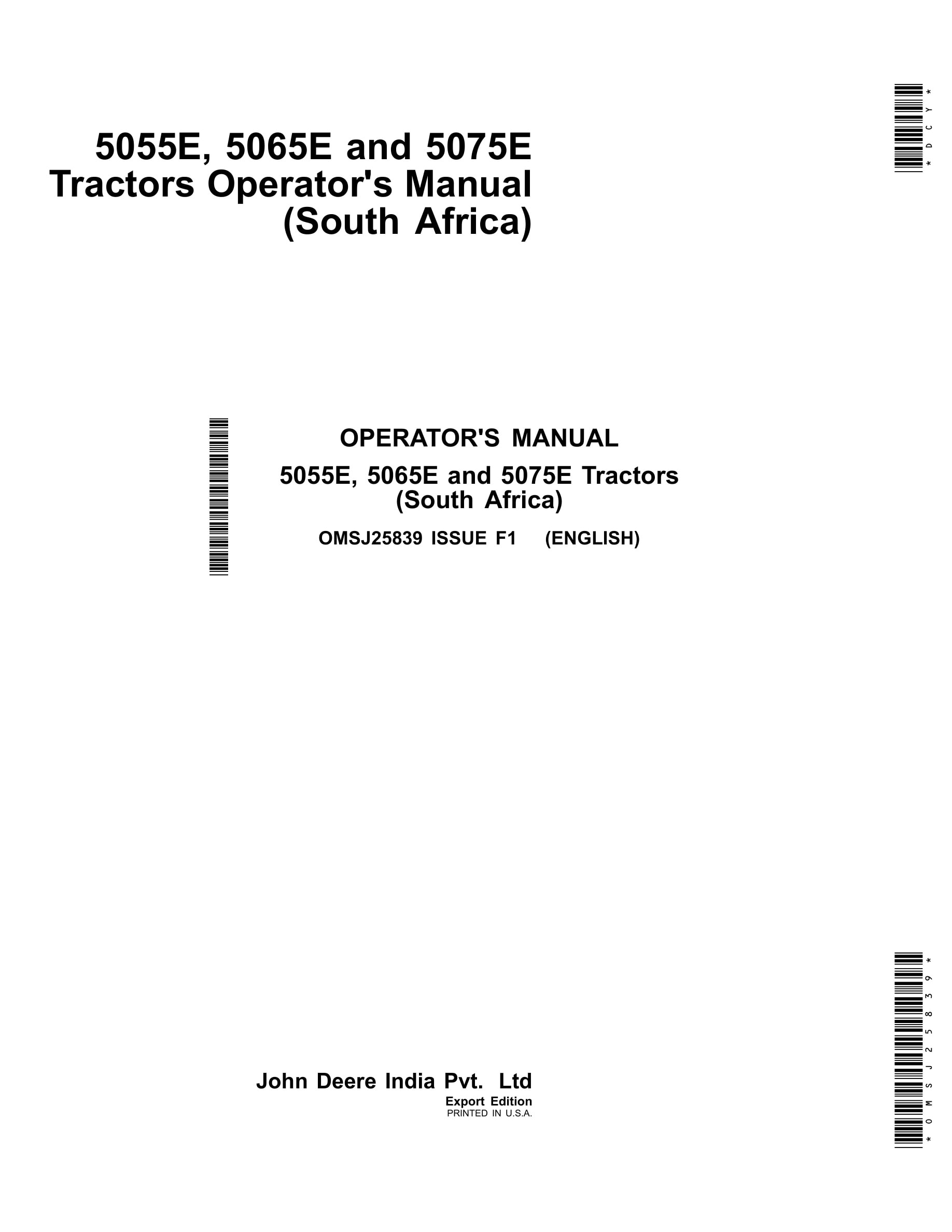John Deere 5055e, 5065e And 5075e Tractors Operator Manuals OMSJ25839-1