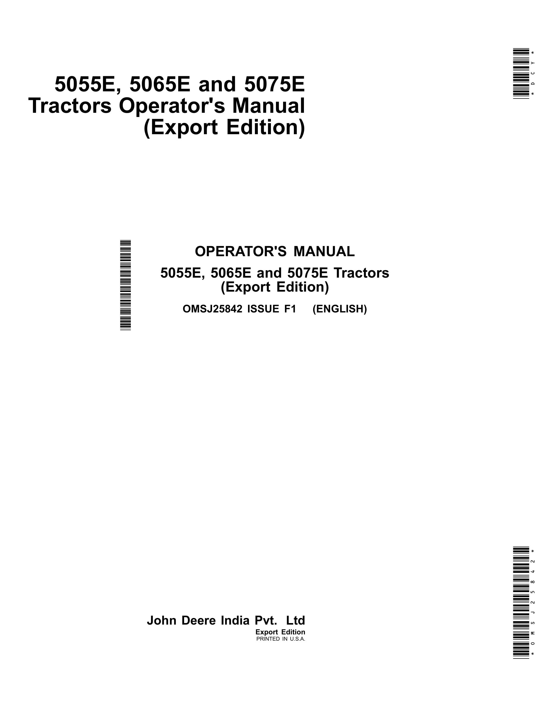 John Deere 5055e, 5065e And 5075e Tractors Operator Manuals OMSJ25842-1