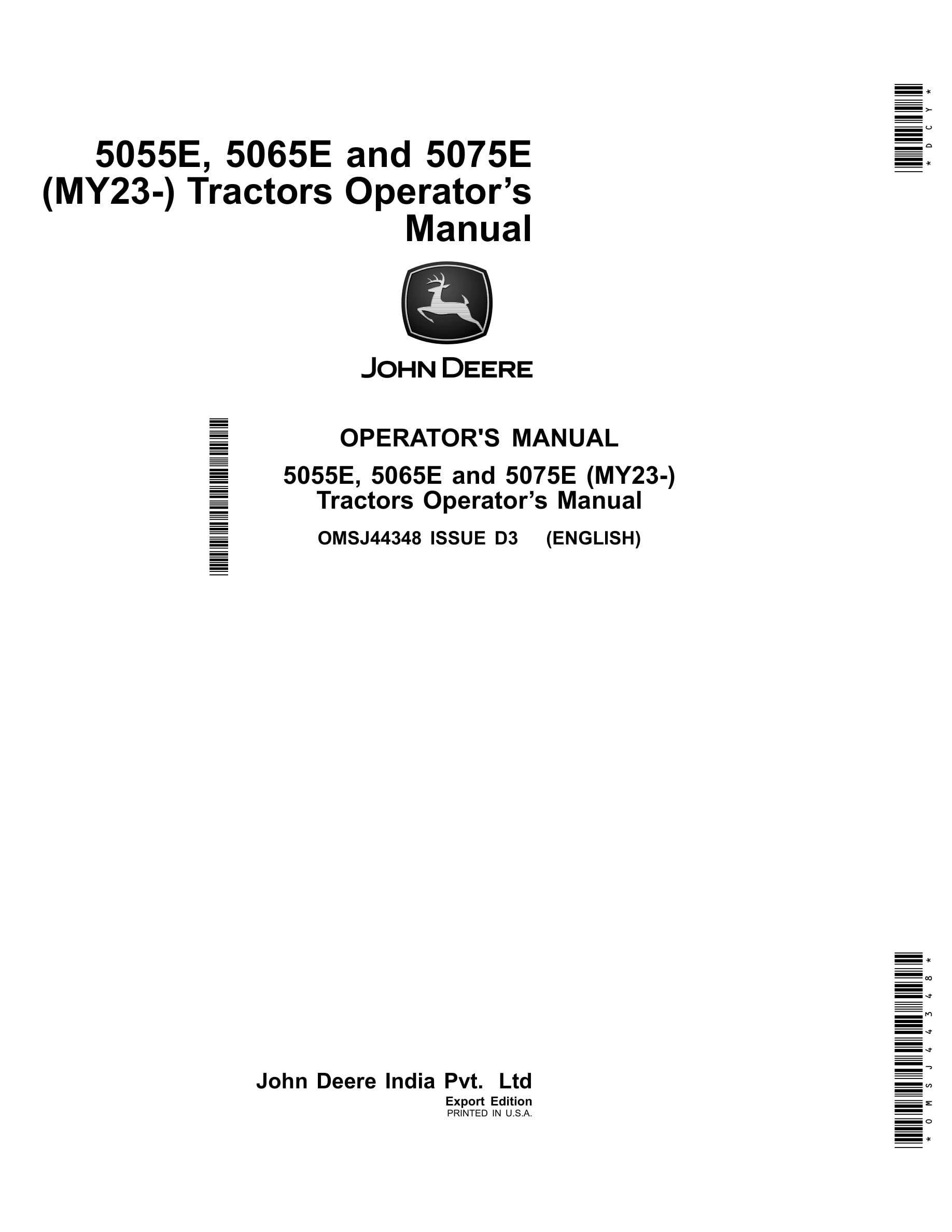 John Deere 5055e, 5065e And 5075e (my23-) Tractors Operator Manuals OMSJ44348-1